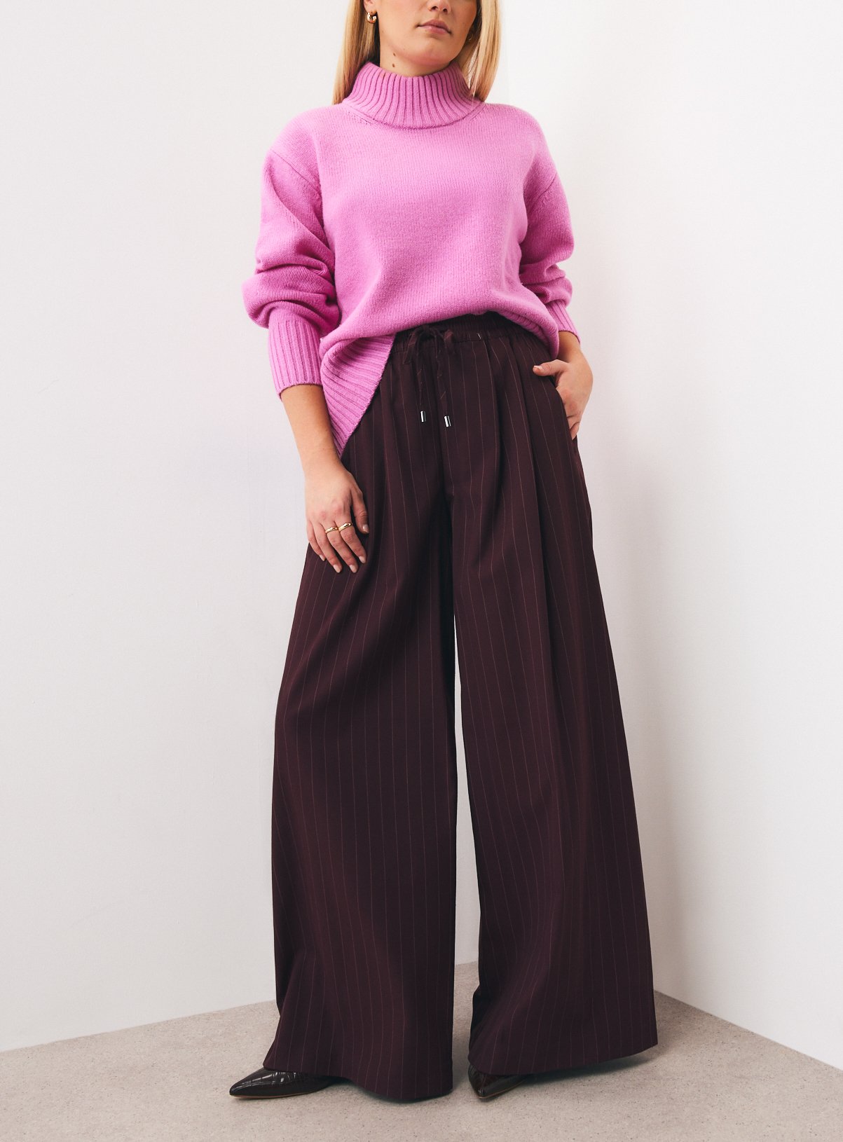 Dark Red Pinstripe Palazzo Trousers 12L - Image 1 thumbnail